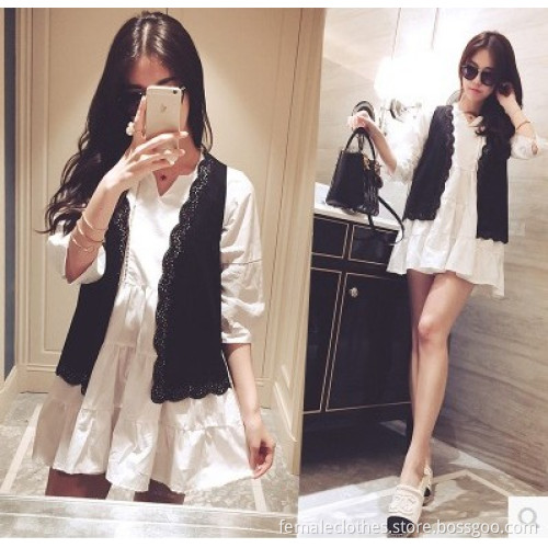 Hollow solid color cotton vest + hollow piece dress female summer long section of loose skirt